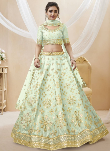 Paper Mirror Work Pista Green Mulberry Silk Lehenga Choli